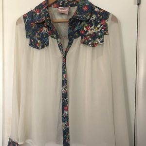 Romeo & Juliet Sheer Floral Denim Blouse